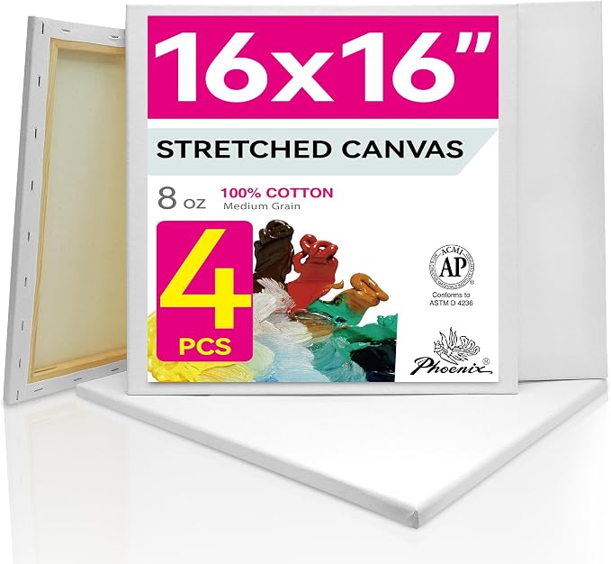 PHOENIX Stretched Canvas for Painting 16x16 Inch/4 Value Pack, 8 Oz Triple Primed 5/8 Inch Profile 100% Cotton White Blank Canvas, Square Framed Canvas for Oil Acrylic & Pouring Art by PHOENIX