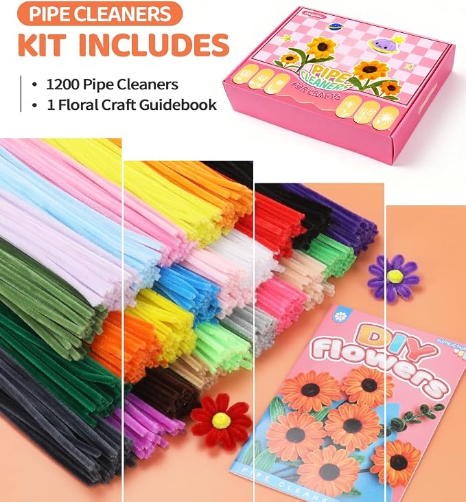 GAGANIU 1200pcs Pipe Cleaners, 24 Colors Chenille Stems with Flower Manual | 12inch x 6mm Limpia Pipas for Arts and Crafts, Holiday Home DIY Decorations Handmade Bouquets - Image 2
