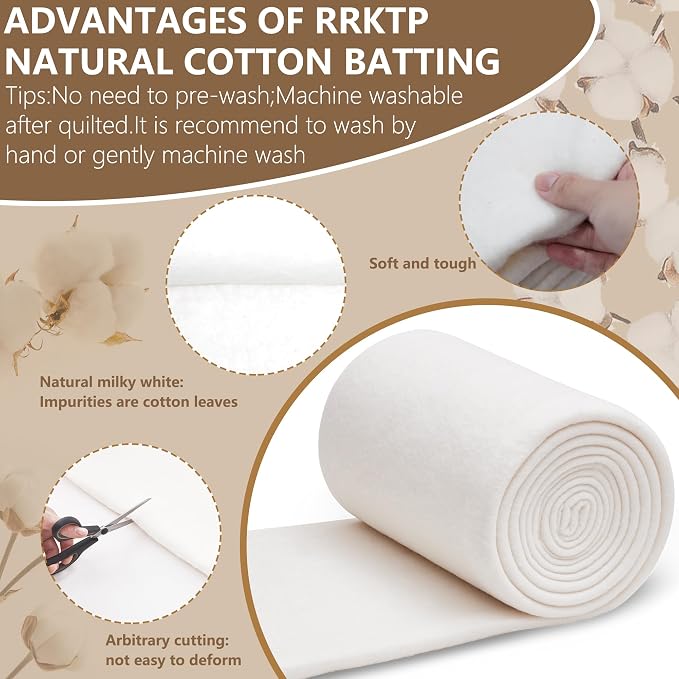 RRKTP Natural Cotton Batting for Quilting,48" x 10 Yards Batting for Quilts, Microwave Safe for Bowl Cozies,Cotton Lightweight Lining for Potholders Quilting, Batting for Sewing Handmade Quilts&DIY - Image 2