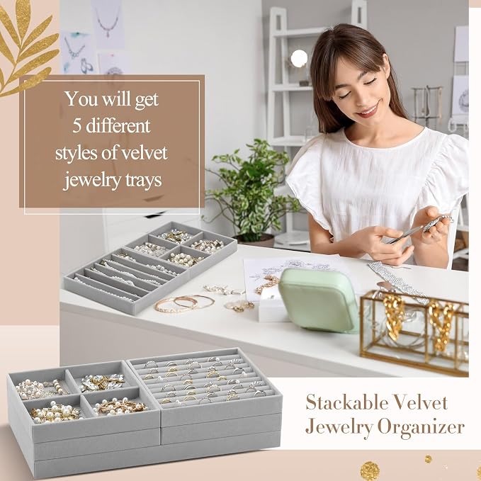 Cinnvoice Set of 5 Stackable Jewelry Organizer Trays for Drawer 14 Inch Velvet Jewelry Drawer Insert Display Storage with Removable Divider for Necklace Earring Ring Watch Bracelet (Gray) - Image 4