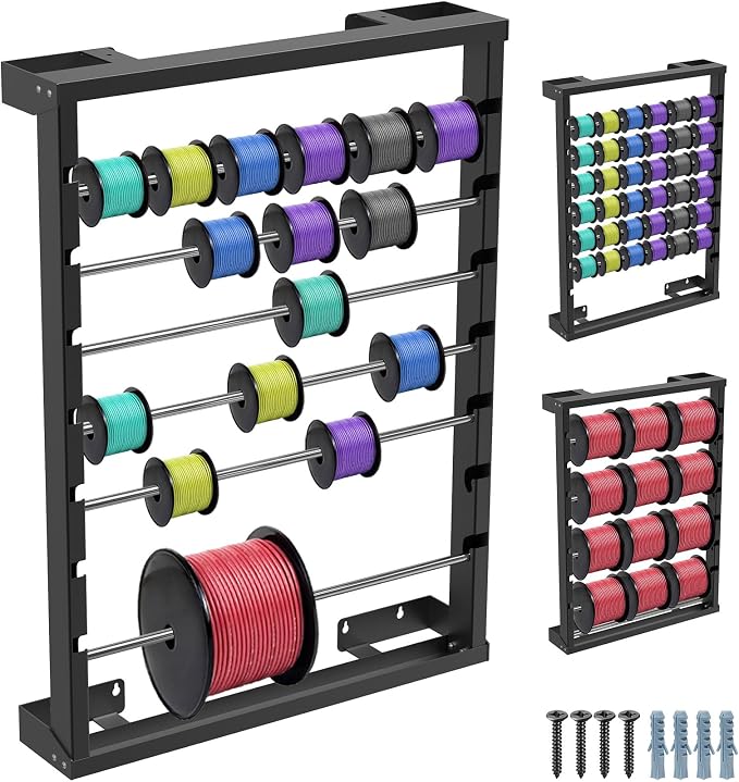 SELEWARE Wall Mount Wire Spool Rack, Cable Dispenser with 6 Adjustable Rods | Heavy Duty Steel Cable Reel Holder, Wire Rack for Industrial, Electrical, and Retail Storage and Display (Black) by SELEWARE
