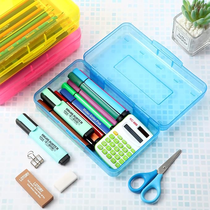 Fainne 24 Pack Clear Plastic Pencil Box,Pink, Yellow, Blue | Stackable Organizer for School Supplies, Large Case for Crayons Markers, Snap-lid Keeps Stationery Secure, Bulk Set - Image 4
