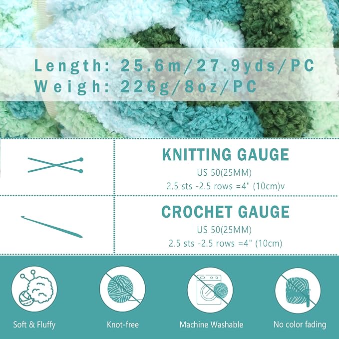 8 Pack Giant Chunky Yarn for Crocheting/Hand Knitting, Blanket Extra Thick Yarn, Mint, Teal, Green Super Bulky Large Soft Fluffy Plush Fuzzy Thick Chenille Yarn-1 Pack of 226g/7.97oz-Green Gradient - Image 7