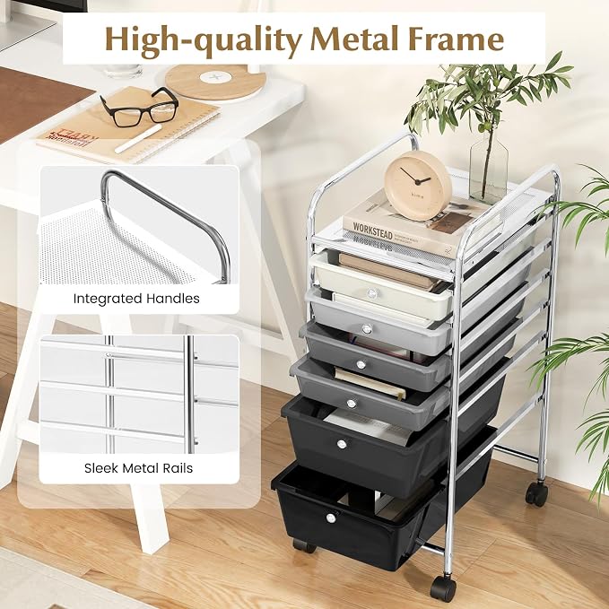 DREAMADE Rolling Cart with Storage Drawers, Utility Cart with Removable Plastic Drawers, Lockable Wheels, Art Cart for Classroom Organization Art Supplies Office Scrapbook (6 Drawers, Mixed-black) - Image 5