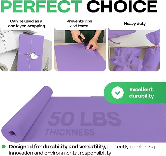Purple Kraft Paper Roll 12" x 1200" (100 feet) with Cutter - USA-Made Wrapping Paper for Packing, Moving, Shipping & Crafts/Arts - 100% Recyclable Natural Craft Material by IDL Packaging | Wrapping Paper for Packing, Moving, Shipping & Crafts/Arts - 10... - Image 4