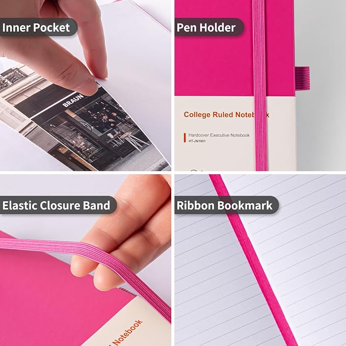 Heture Hardcover Journal Notebooks, A5 Lined Notebook for Writing and Work, 160 Pages 100 GSM Thick Paper, Ruled Notebooks Bulk with Elastic Closure, Hardcover Notebook for Work, School, Travel, Note Taking (Fuchsia, 1 Pack) - Image 3