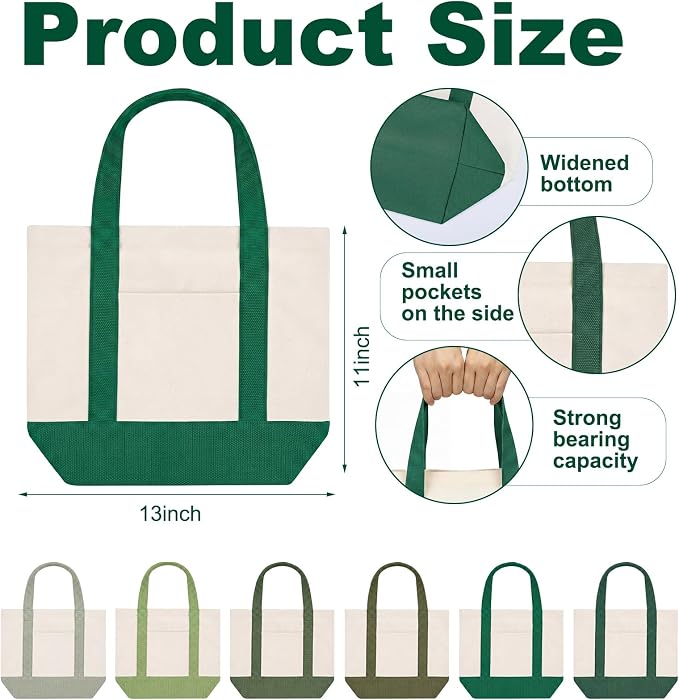 Eccliy 12 Pcs Mini Canvas Tote Bags 13" x 11" x 6" Small Tote Shopping Bag Bulk with Pocket Handle Blank Heavy Duty Reusable Canvas(Sage Green Series) - Image 4