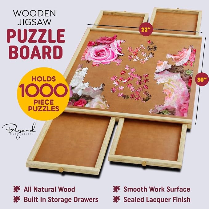 Rotating 1000 Piece Wooden Puzzle Board | 30" x 22" Puzzle Table | 4 Drawers, Protective Cover Included, Portable Jigsaw Puzzle Table for Adults and Kids - Image 4