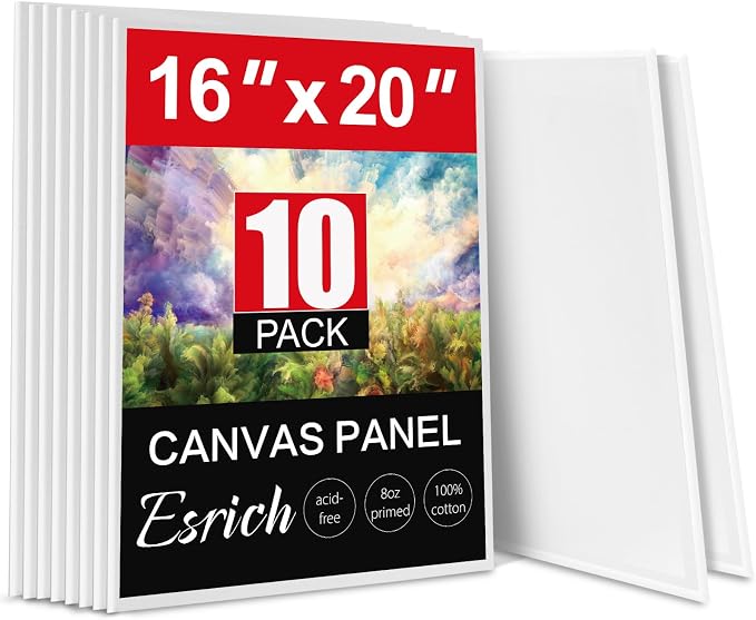 ESRICH Canvas for Painting 16x20 Inch, 10 Pack Flat Canvas Boards for Painting Cotton Primed Acid Free Large Blank Canvases, Canvas Panels for Oil Paint, Watercolor, Acrylic Paint, Gouache, Tempera. by ESRICH