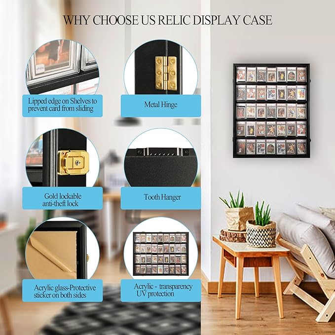 Graded Sports Card Display Case 2 Pack - 35 Baseball Card Display Case - Lockable Trading Card Frame Wall Display with UV Protection for Football Basketball Hockey Cards,Black
