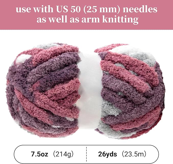 BALAPET Tie Dye Chunky Chenille Yarn for Crocheting & Knitting, Soft Fluffy Kitting Yarn Set, Multi Color Plush Yarn for Handcrafts Weaving Making Blankets (8, Red Purple) - Image 2