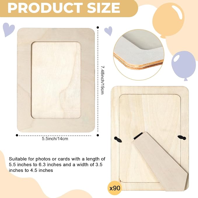 90 Pcs Wooden Picture Frames for Crafts, 4 x 6 inch DIY Wood Frame Bulk, Small Unfinished Standing Paintable Photo Frame for Home Birthday Party Wedding Decor - Image 2