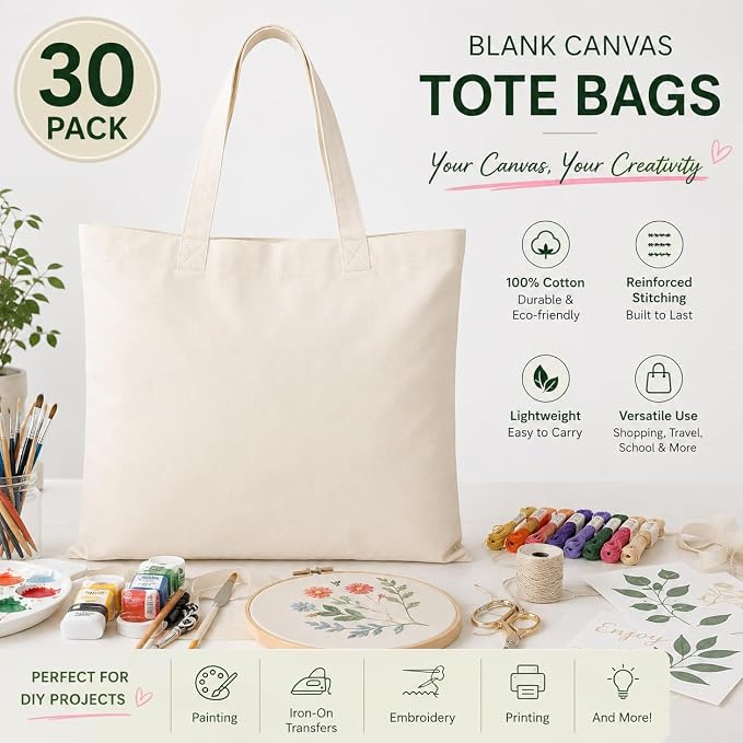 30Pcs Blank Tote Bags, Blank Canvas Tote Bags for Do It Yourself Enthusiast | Suitable for Do It Yourself Enthusiast Personalized Craft, Do It Yourself Gifts for Family, or Friends - Image 3