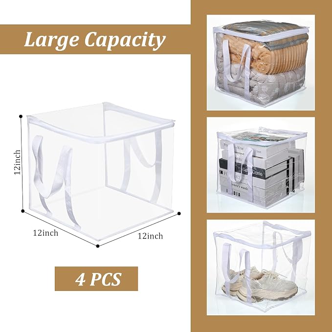 4 Pcs Clear Zippered Organizers 12''x12''x12'' Moving Bags with Reinforced Handles Heavy Duty Storage Cube Tote Storage Blanket Bags Bins for Clothes Moving Supplies Linens Shoes Closet Organizer - Image 3