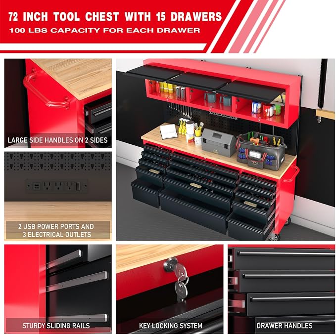 72" Rolling Tool Chest with 15 Drawers, 1.2" Thick Solid Wood Top | Power Outlet & Pegboard, Lockable,18" Deep 1.2" Thick Solid Wood Top - Image 6
