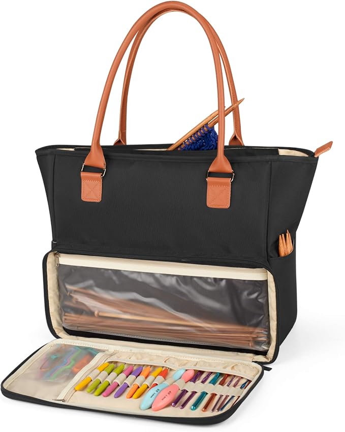 Yarwo Large Knitting Tote Bag with Crochet Hook & Needles Organizer Pockets | Yarn Storage Bag for WIP Projects, 14” Knitting Needles, Yarn Skeins, 4 Yarn Holes, Christmas & New Beginning Gifts for Women by Yarwo