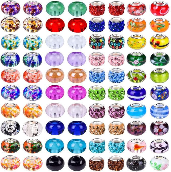 Aipridy European Large Hole Beads, Colorful Glass Charm Beads Set, Assorted Patterns and Designs Rhinestone Craft Beads for DIY Bracelet Jewelry Making (100, Pack by Style-Colored Glaze) by AIPRIDY