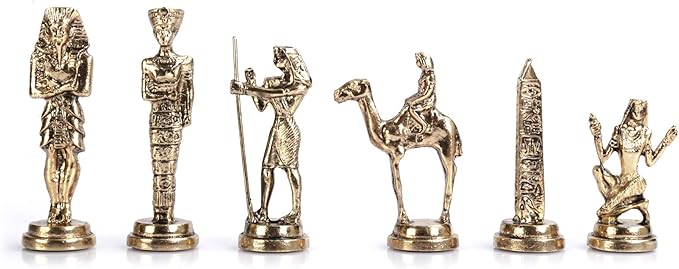 Metal Chess Set for Adults Egypt Pharaoh Figures,Handmade Pieces and Different Design Wooden Chess Board with Storage (Walnut)