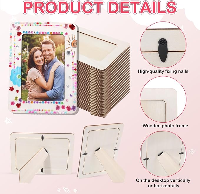 Yousoontic 30 Pack Picture Frame Painting Craft Kit for 4 x 6 Inch Photo DIY Unfinished Wooden Picture Frames with 30 Pcs Color Pens and 10 Sheets Crystal Diamond Stickers for DIY Craft - Image 3