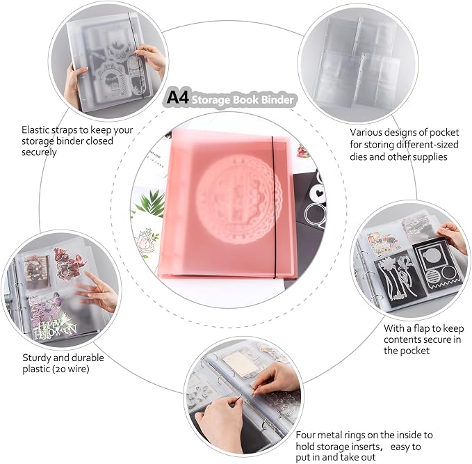 A4 Dies and Stamps Storage Book Binder Folder, Page Protectors Pockets Inserts Organizer for Cutting Dies Stencil Album Stamp Crafts, 1Pcs Orange Storage Book Cover & 20 Inserts with 1/2/3/4 Pockets - Image 3