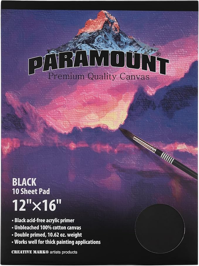 Paramount Universal Primed Premium Cotton Canvas Pads - Black - 12"x16" - 1 Pack - 10 Sheets - Universal Double Primed Cotton Canvas Pads for Drawing, Painting, Travel, & More by Acurit