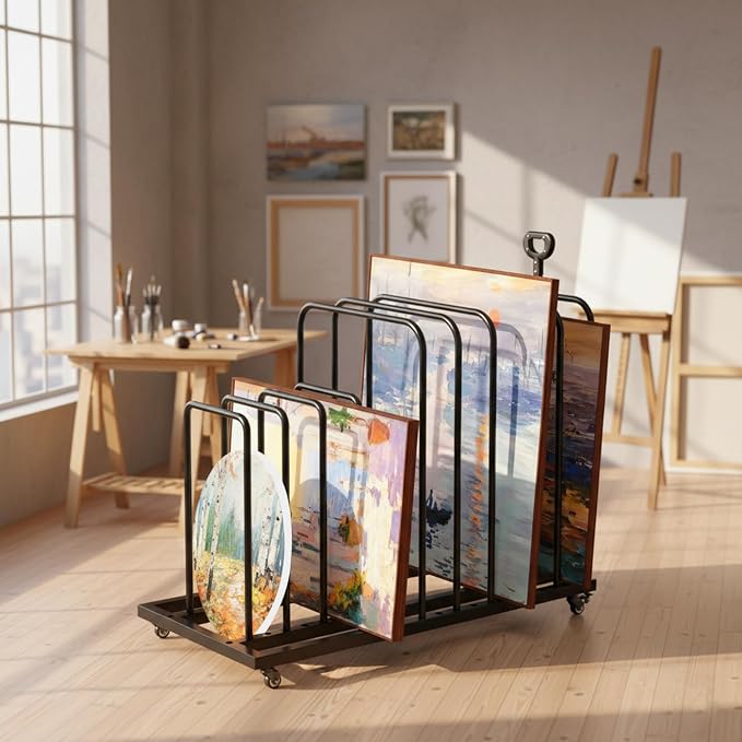 Art Storage Rack with Caster Wheels, Art Drying Rack Metal Storage with 8 Slots and Independent Handle, Heavy-Duty Canvas Organizer for Artwork, Prints and Panels, for Art Studio, Classroom - Image 9