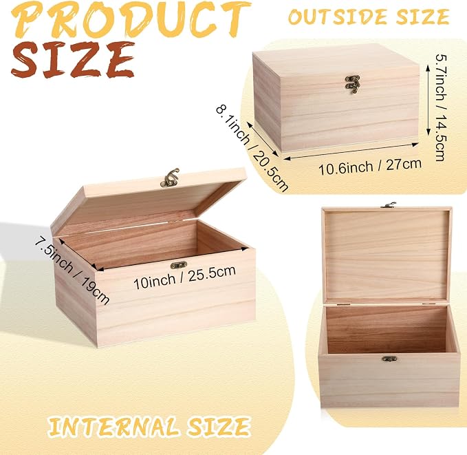 Yookeer 15 Pcs Large Unfinished Wooden Box with Hinged Lid and Front Clasp, Rectangle Unpainted Crafts DIY Wood Boxes Treasure Chest Stash Box for Art Gifts Jewelry Home Storage, 10.6x8.1x5.7 Inch - Image 3