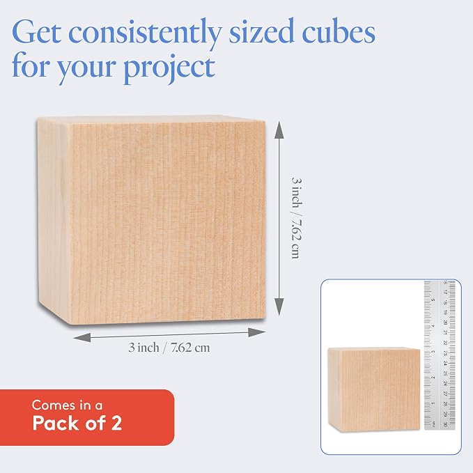 DIY Wooden Cubes 3-inch, Pack of 2 Large Wooden Blocks, Unfinished Wood Blocks for Crafts, STEM, Dice, and Building Blocks for Stacking, by Woodpeckers - Image 4