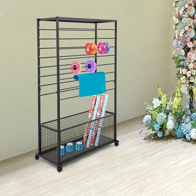 Double-Sided 16 Tier Ribbon Wrapping Paper Organizer Rack | 39.3"x12.6"x59" Large Capacity Ribbon Stand with Top Shelf, Ribbon Holder and Gift Bag Storage Organizers, Save Space (Black) - Image 6