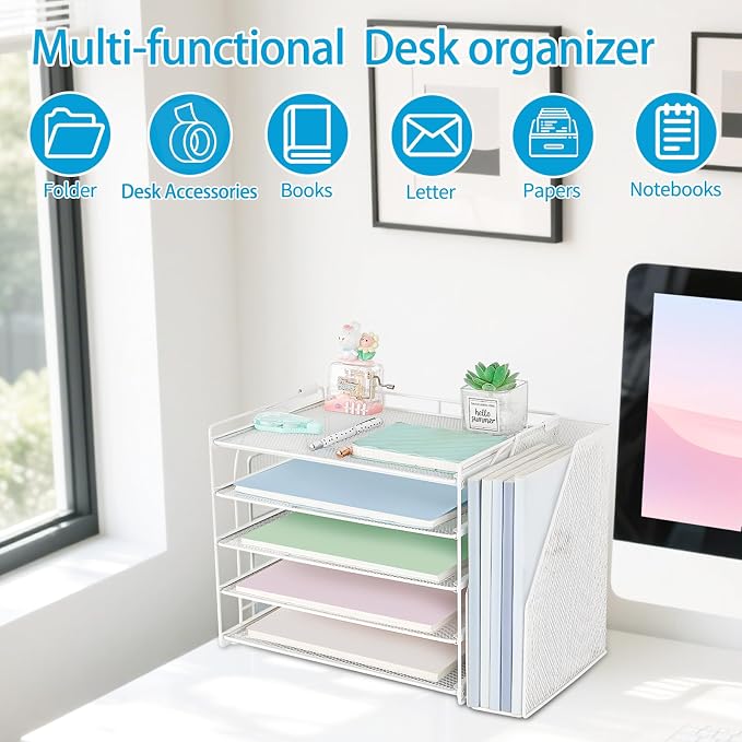 AUPSEN Desk Organizers and Accessories, 5-Tier Desktop Paper File Organizer with Removable File Holder, Desk Accessories & Workspace Organization for Home Office Supplies (White) - Image 6