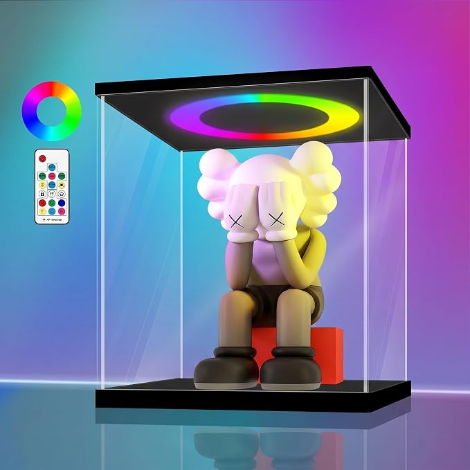 LANSCOERY Acrylic Display Case 17.7x17.7x17.7 in, 10mm Base, RGB Ring Light, 3mm Clear Panels, Front Door for Action Figures and Models by LANSCOERY