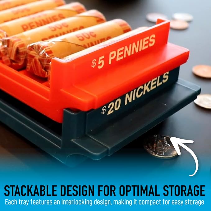 Nadex Rolled Coin Storage Organizer Tray Set with Ridges for Loose Coins | Quarters, Dimes, Nickles, and Penny Color Coded Trays - Image 7