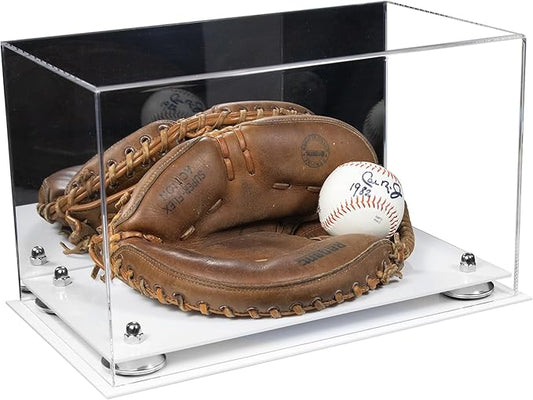 Better Display Cases Acrylic Catchers Glove Display Case with Mirror Case, Silver Risers and White Base 14" x 8" x 8.5" (V16/A011)