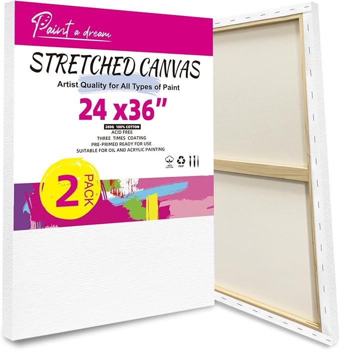 Stretched Canvas for Painting, 2Pack 24X36 Large Canvas for Painting, (280GSM) Triple Primed 2/3" Profile Cotton Professional Artist Quality Blank Canvas,Ready to Paint, Art Supplies for Acrylic, Oil by PaintaDream