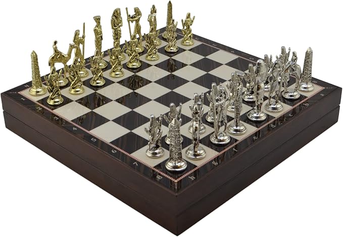 Metal Chess Set for Adults Egypt Pharaoh Figures,Handmade Pieces and Different Design Wooden Chess Board with Storage (Walnut)