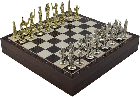 Metal Chess Set for Adults Egypt Pharaoh Figures,Handmade Pieces and Different Design Wooden Chess Board with Storage (Walnut)
