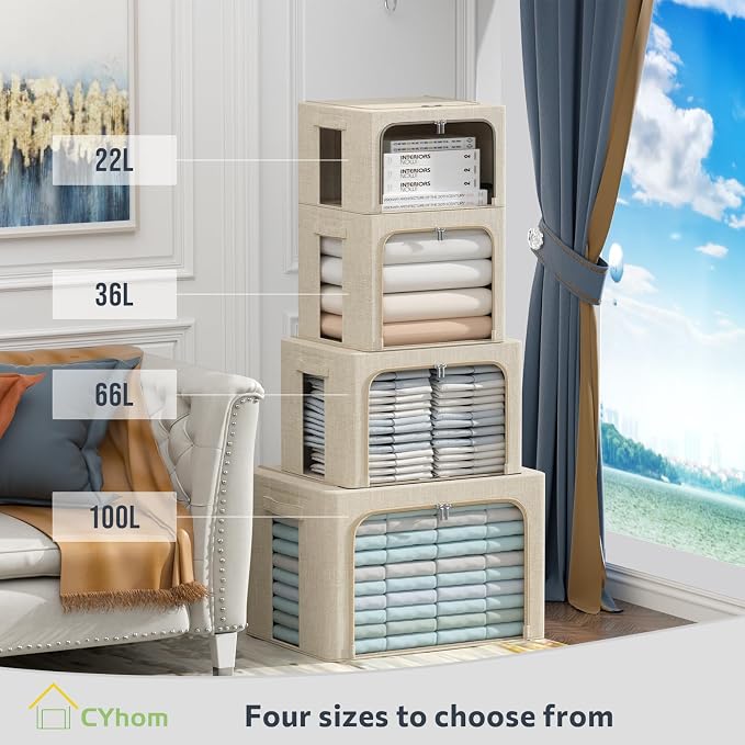 CYhom Clothes Storage Bins Box - Linen Fabric Foldable Stackable Container Organizer Set with Clear Window & Carry Handles & Metal Frame - 2Pack Large Capacity for Bedding, Blankets, Books - Image 3