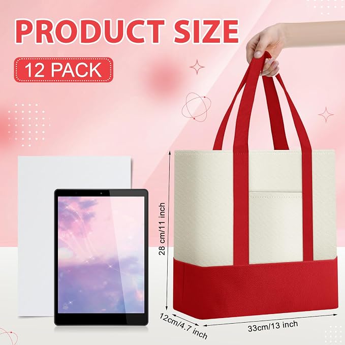 Sanwuta 12 Pcs Mini Canvas Tote Bags Bulk with Pocket Small Sublimation Blank Canvas Tote Reusable Grocery Bag for Women, DIY Craft (Red) - Image 2