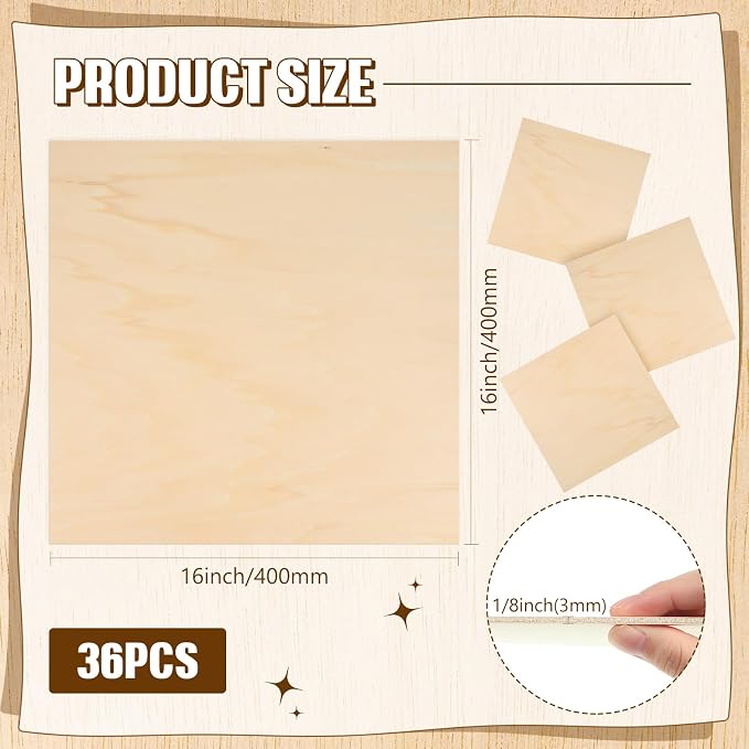 Riakrum Basswood Sheets Plywood Board Unfinished Wood Boards for Crafts for DIY Laser Projects Architectural Mini House Building Hobby Model Making(16 x 16 x 1/8 Inch,36) - Image 2