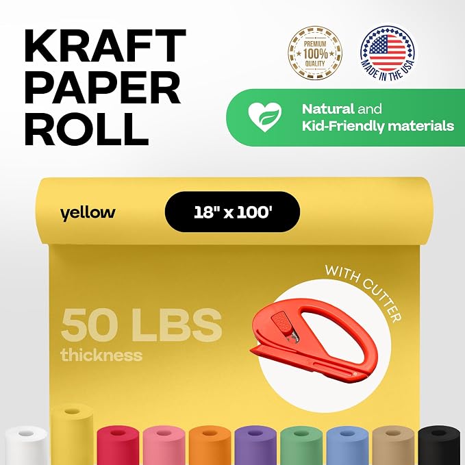 Yellow Kraft Paper Roll 18" x 1200" (100 feet) with Cutter - USA-Made Gift Wrapping Paper for Packing, Moving, Shipping & Crafts/Arts - 100% Recyclable Natural Craft Material by IDL Packaging | Gift Wrapping Paper for Packing, Moving, Shipping & Crafts... - Image 2