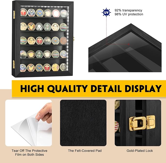 Coin Display Case 11"x14" with LED Challenge Military Coin | Holder Wooden American Flag Medal Poker Chip Wall Cabinet Decor Gift for Collector, Grandfathers, Fathers, Comrade-in-arms - Image 3