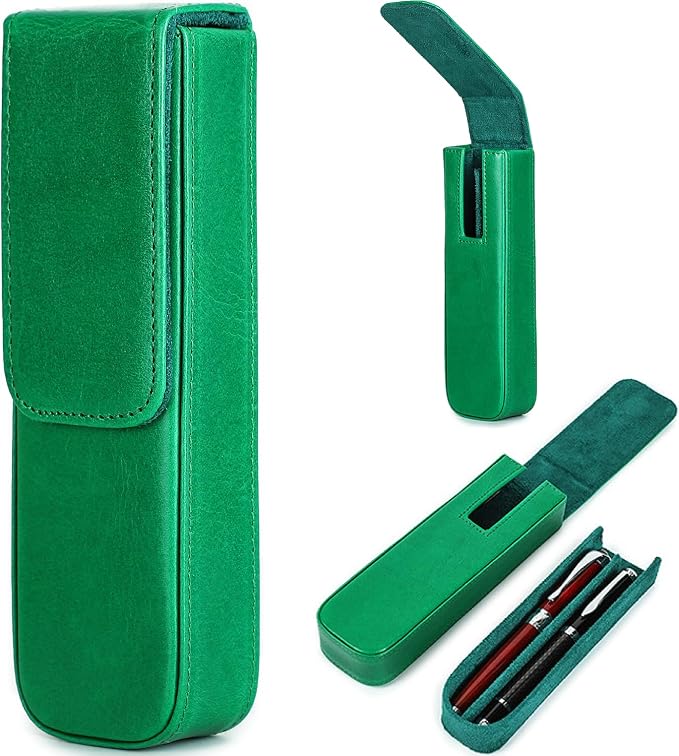 Top Grain Genuine Leather 2 Pen/Pencil Tray Case Holder, Minimalist Fashion Design, Handmade, Magnetic Closing with Drawer Design, Gift Choice for Man/Woman/Office, Glossy Green, 2 Slots by CataPurusLeatherCrafts