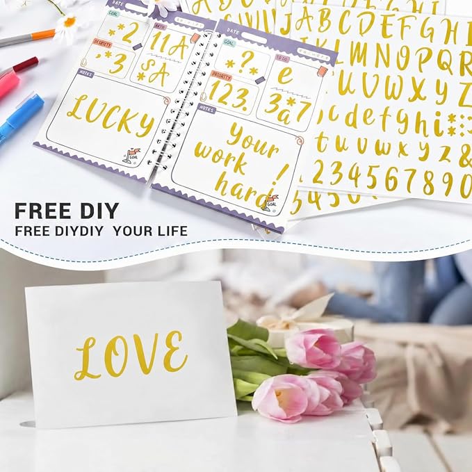 Outus 576 Pcs 8 Sheets Letters Stickers Vinyl Alphabet Number Decals Back to School Supplies for Water Bottles Cups Mailbox Scrapbooking Bulletin Board Classroom Decor(Gold,1 Inch) - Image 6