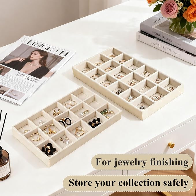 24 Pack Velvet Jewelry Trays Stackable Jewelry Organizer Trays Drawer Inserts Divided Storage Containers for Rings Earrings Jewelry Display (Beige) - Image 4