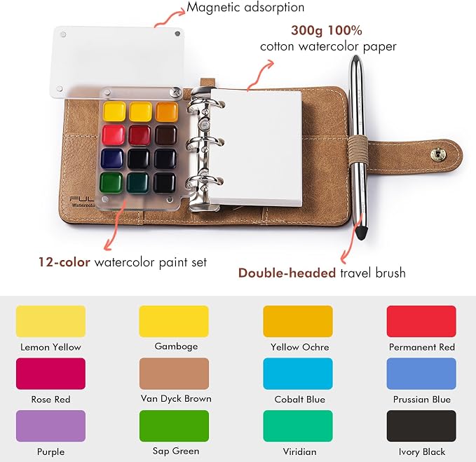 Fuumuui Mini Watercolor Travel Set, 12-Color Watercolor Paints Kit & 100% Cotton Cold Press 300gsm with Dual-Tip Brush – Plein Air Painting Supplies for Artists, Beginners, Journaling - Image 2