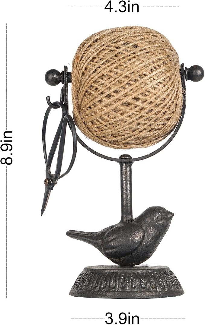 SOFFEE DESIGN Cast Iron Jute Twine Spool with Scissors Holder Set Vintage Style for Garden Farmhouse Kitchen, Natural Jute Twine String & Rope Rack & Scissors, Bird Decorative - Image 5