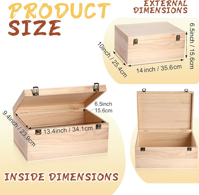Wesiti 2 Pcs Unfinished Wooden Box 14 x 10 x 6.5 Inch Treasure Chest Craft Box with Hinged Lid Rustic Large Paint Box Stash Crate for Storage Carving DIY Gift - Image 3
