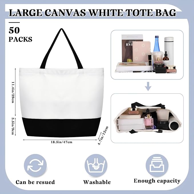 Sieral 50 Pieces Large Canvas Tote Bags Reusable Sublimation Blank Plain Bags Bulk with Zipper for DIY Crafts Shopping Women Teacher(Horizontal Wide Bag) - Image 2