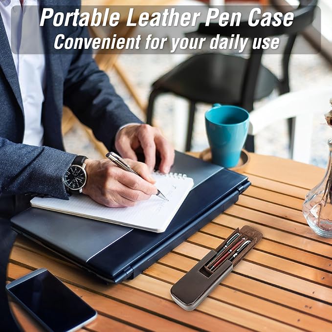 Top Grain Genuine Leather 3 Pen/Pencil Tray Case Holder, Minimalist Fashion Design, Handmade, Magnetic Closing with Drawer Design, Gift Choice for Man/Woman/Office, Glossy Coffee, 3 Slots - Image 7