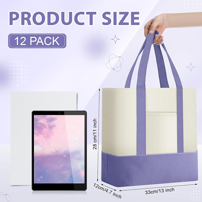 Sanwuta 12 Pcs Mini Canvas Tote Bags Bulk with Pocket Small Sublimation Blank Canvas Tote Reusable Grocery Bag for Women, DIY Craft (Light Purple) - Image 2